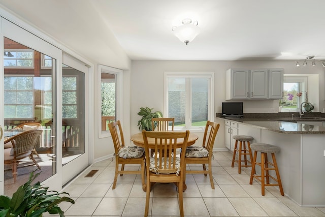 dining room with light tile patterned flooring, visible vents, and a healthy amount of sunlight