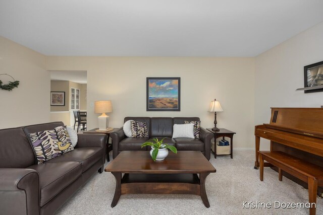 living area featuring baseboards and light carpet