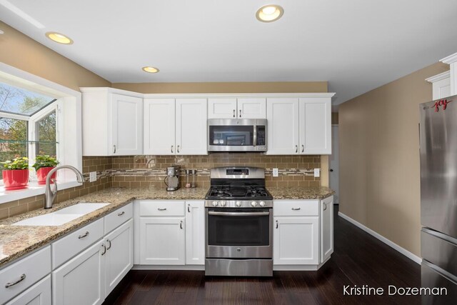 kitchen with dark wood-type flooring, a sink, decorative backsplash, and appliances with stainless steel finishes