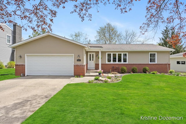 ranch-style home with brick siding, an attached garage, driveway, and a front yard