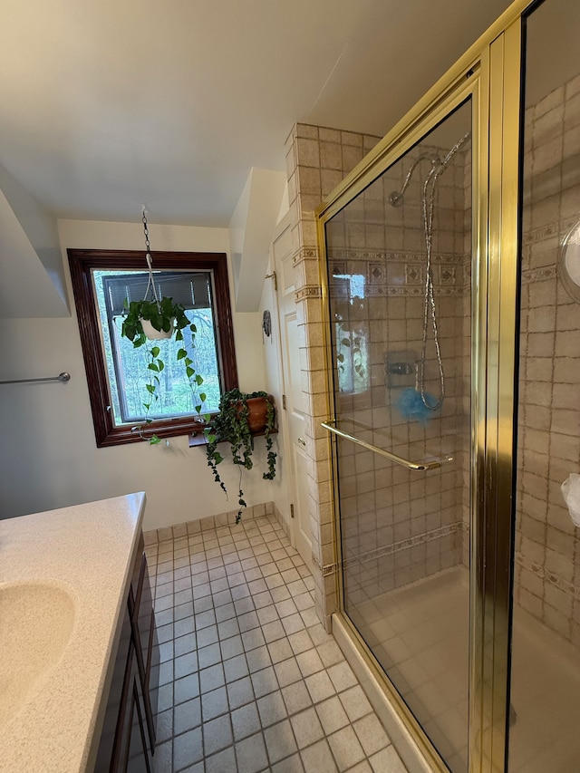 55535 Woody Ln, South Lyon, MI 48178 - bathroom featuring tile patterned floors, a stall shower, and vanity