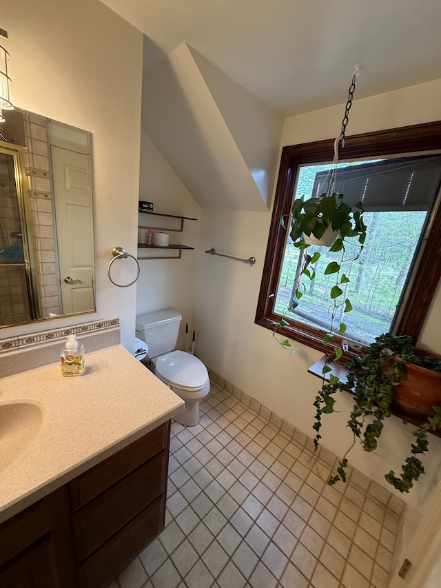 55535 Woody Ln, South Lyon, MI 48178 - bathroom with toilet, vanity, tile patterned flooring, vaulted ceiling, and a tile shower