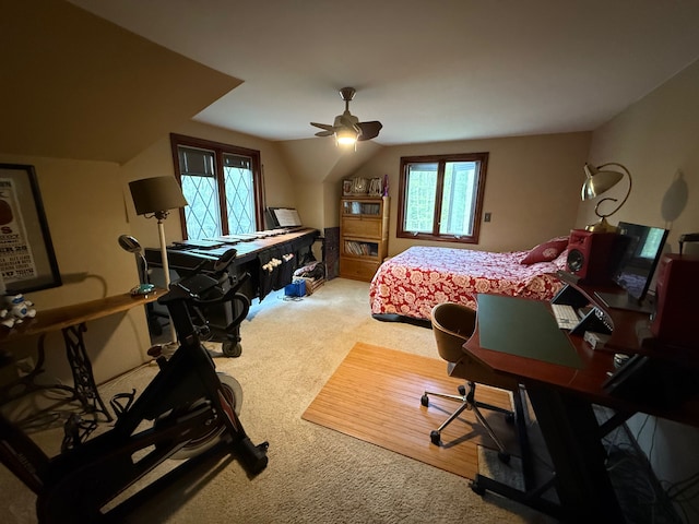 55535 Woody Ln, South Lyon, MI 48178 - bedroom featuring carpet floors, lofted ceiling, a ceiling fan, and an office area