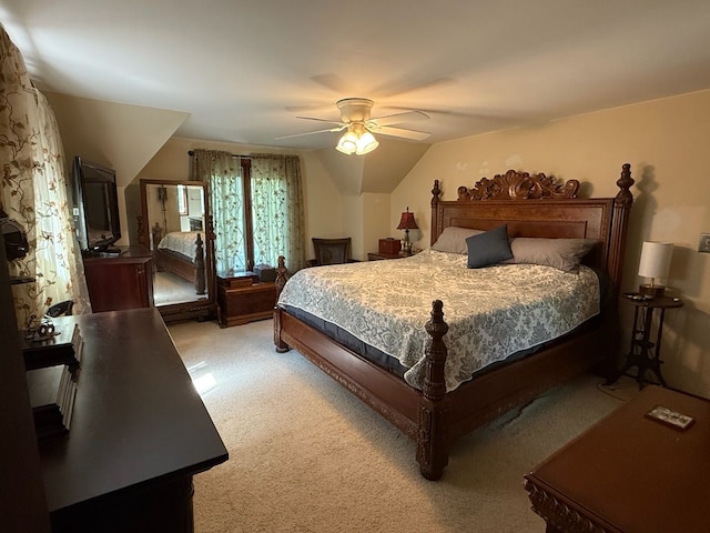 55535 Woody Ln, South Lyon, MI 48178 - bedroom with light colored carpet, a ceiling fan, and lofted ceiling