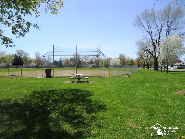 view of community featuring fence and a yard