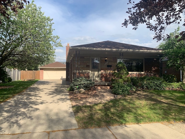 view of front of home featuring a garage, fence, a chimney, brick siding, and a porch