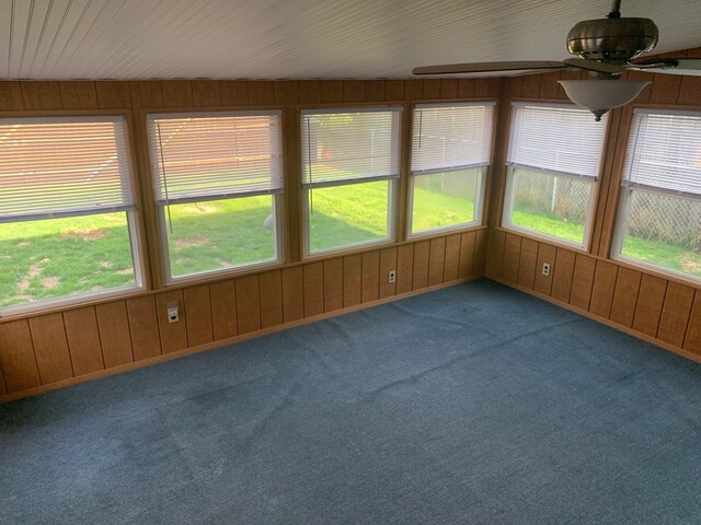 unfurnished sunroom with wooden walls and carpet floors