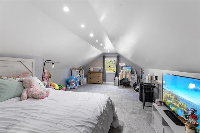 carpeted bedroom featuring vaulted ceiling and recessed lighting