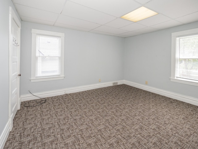 spare room with carpet floors, a drop ceiling, a wealth of natural light, and visible vents