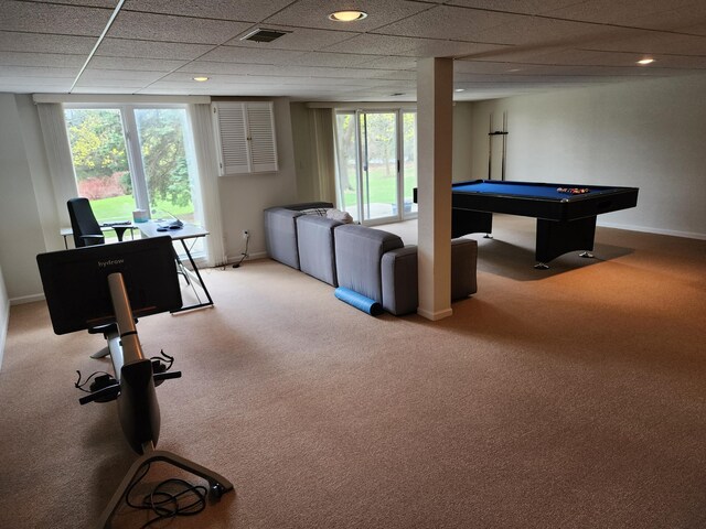 game room with carpet flooring, visible vents, and billiards