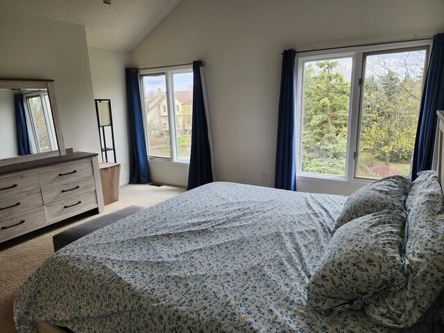 carpeted bedroom with a textured ceiling and lofted ceiling