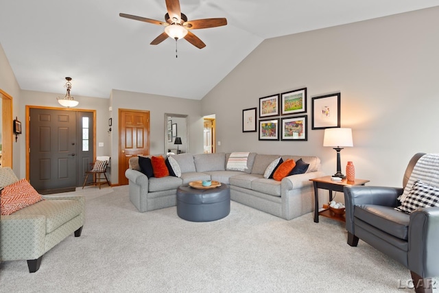 3136 Planeview Dr, Adrian, MI 49221 - living room with ceiling fan, lofted ceiling, and light carpet