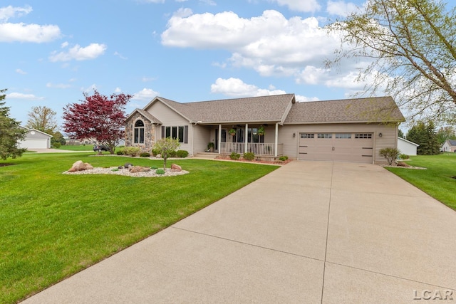 3136 Planeview Dr, Adrian, MI 49221 - ranch-style house featuring covered porch, an attached garage, driveway, and a front lawn