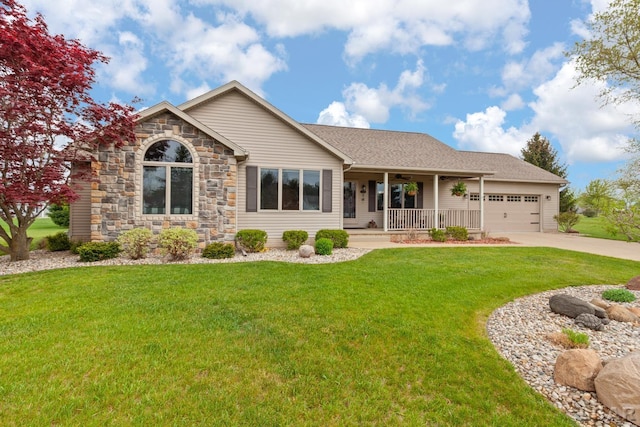 3136 Planeview Dr, Adrian, MI 49221 - ranch-style home featuring an attached garage, stone siding, a front yard, a porch, and driveway