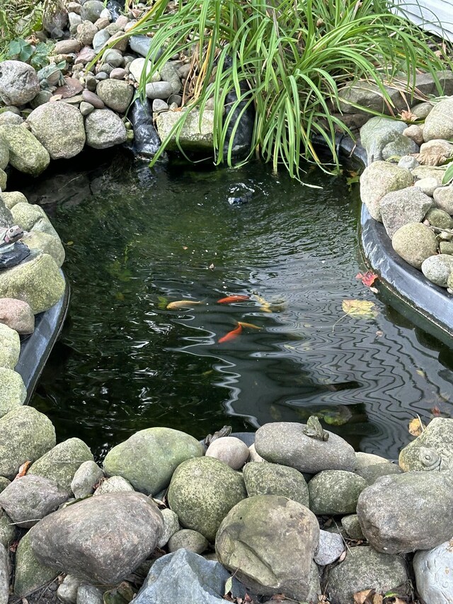exterior details featuring a small pond
