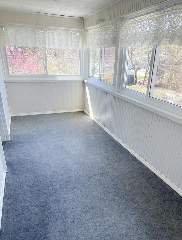 unfurnished sunroom with carpet