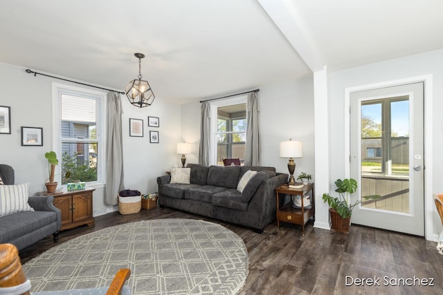 living room with an inviting chandelier and dark wood finished floors