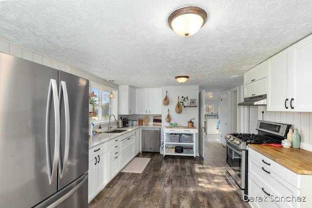 kitchen featuring a textured ceiling, under cabinet range hood, a sink, dark wood finished floors, and stainless steel appliances