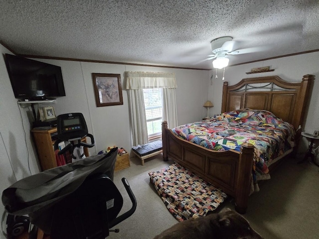 bedroom with crown molding, ceiling fan, a textured ceiling, and light colored carpet