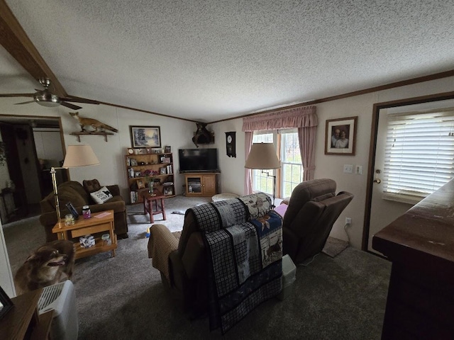 carpeted living room with crown molding, a textured ceiling, ceiling fan, and vaulted ceiling