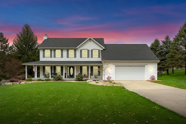 view of front of property featuring covered porch, a chimney, concrete driveway, an attached garage, and a yard