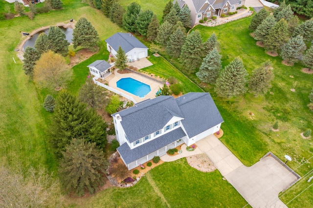 aerial view featuring a water view
