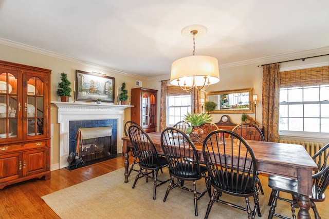 dining room featuring crown molding, a chandelier, wood finished floors, and a tile fireplace