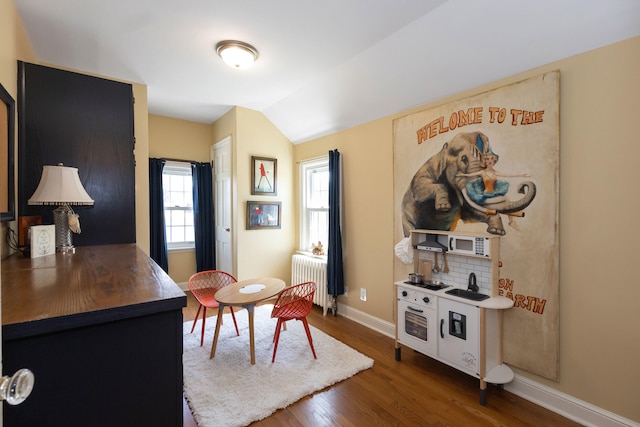 interior space featuring baseboards, vaulted ceiling, wood finished floors, and radiator