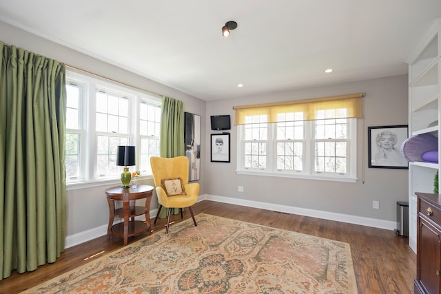 sitting room featuring recessed lighting, baseboards, and dark wood-style floors