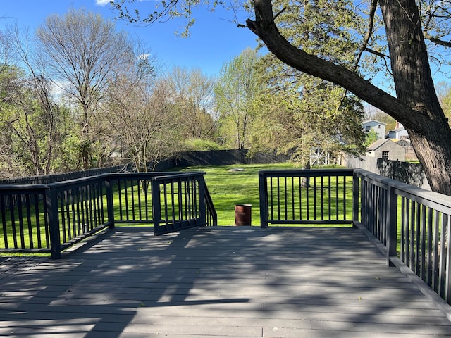 deck with a yard and a fenced backyard