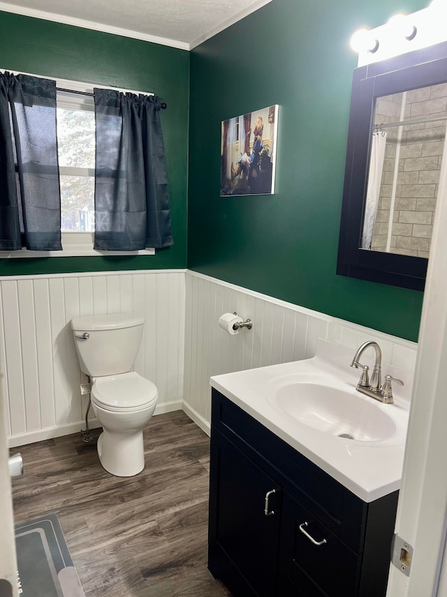 full bathroom with vanity, wainscoting, wood finished floors, and toilet