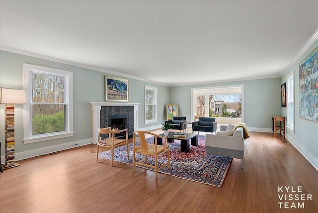 2630 Reeds Lake Ct SE, Grand Rapids, MI 49506 - living area featuring wood finished floors, ornamental molding, a fireplace, and baseboards
