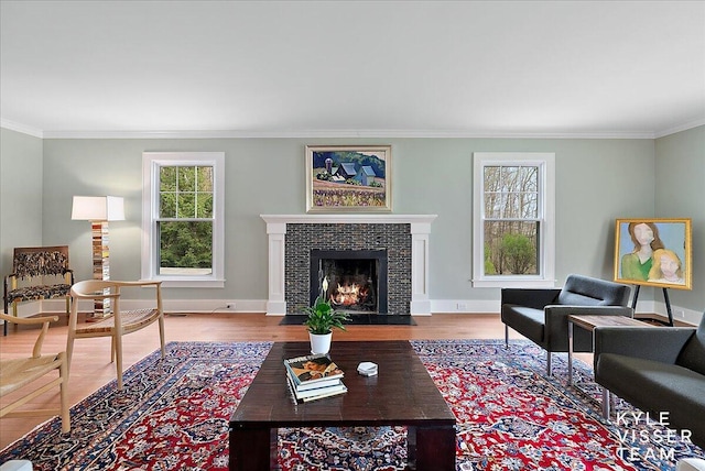 2630 Reeds Lake Ct SE, Grand Rapids, MI 49506 - living area featuring ornamental molding, wood finished floors, a fireplace, and baseboards