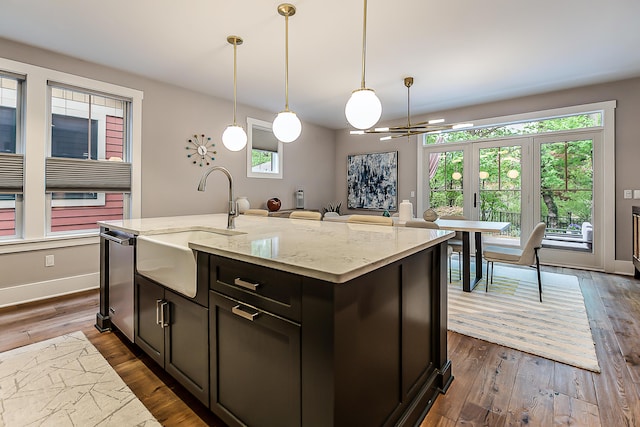 kitchen featuring light stone countertops, plenty of natural light, a sink, and dark wood-type flooring