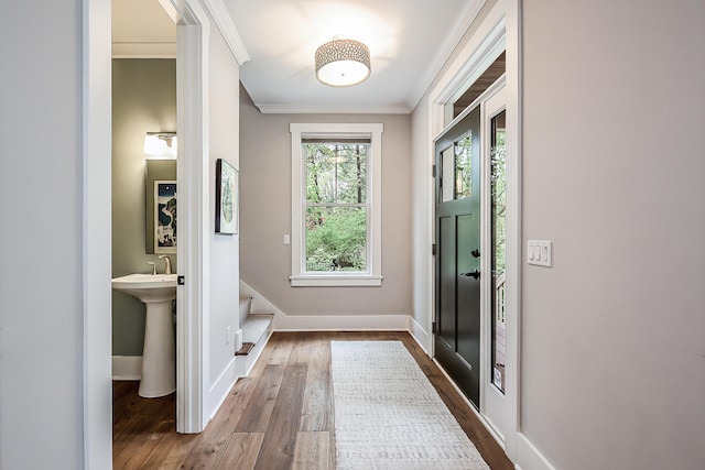 entryway featuring dark wood-type flooring, ornamental molding, and baseboards