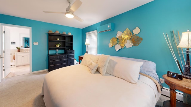 bedroom featuring carpet flooring, connected bathroom, a ceiling fan, a baseboard heating unit, and a wall mounted AC