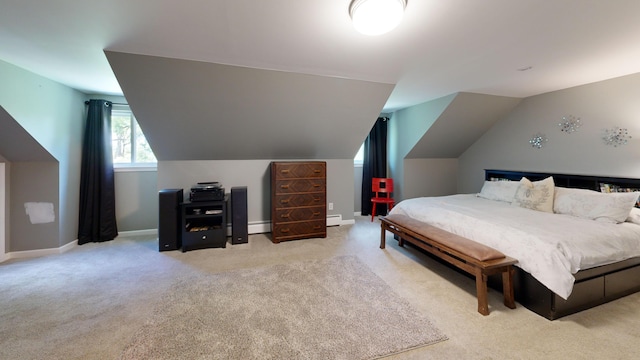carpeted bedroom featuring baseboards, a baseboard radiator, and vaulted ceiling