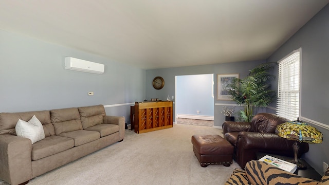 carpeted living area with a wall mounted AC and a baseboard heating unit