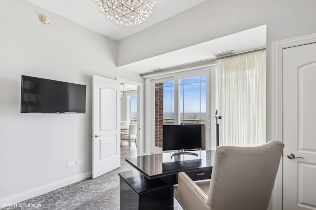 office with visible vents, baseboards, a chandelier, and marble finish floor