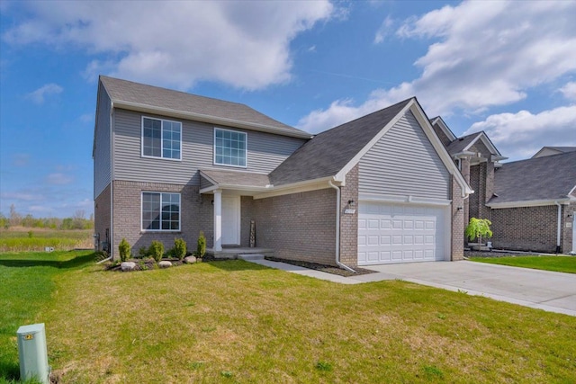 traditional home with concrete driveway, brick siding, a front yard, and a garage