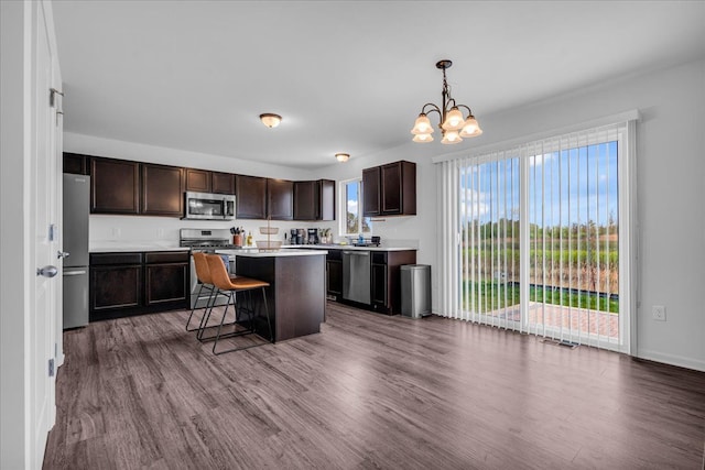kitchen featuring dark brown cabinetry, appliances with stainless steel finishes, and wood finished floors