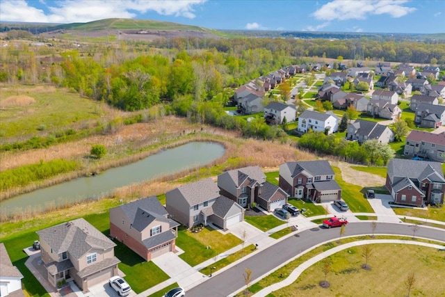 bird's eye view featuring a water view and a residential view