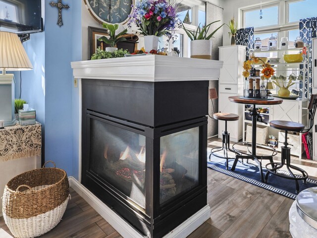room details featuring a multi sided fireplace and wood finished floors