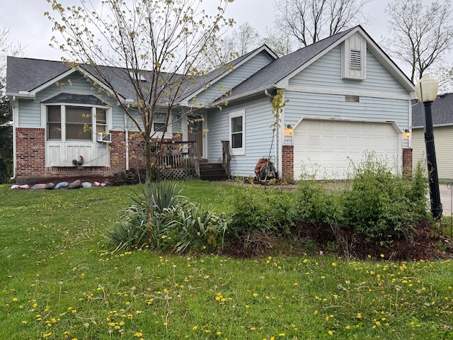 ranch-style home featuring brick siding, a front lawn, a shingled roof, and an attached garage