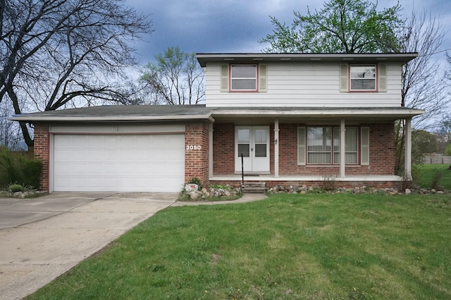 traditional home with an attached garage, brick siding, and concrete driveway