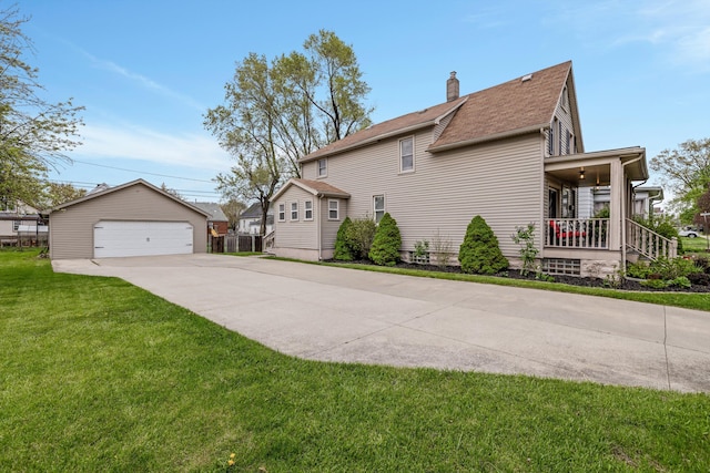 view of property exterior with roof with shingles, a garage, an outbuilding, a chimney, and a lawn