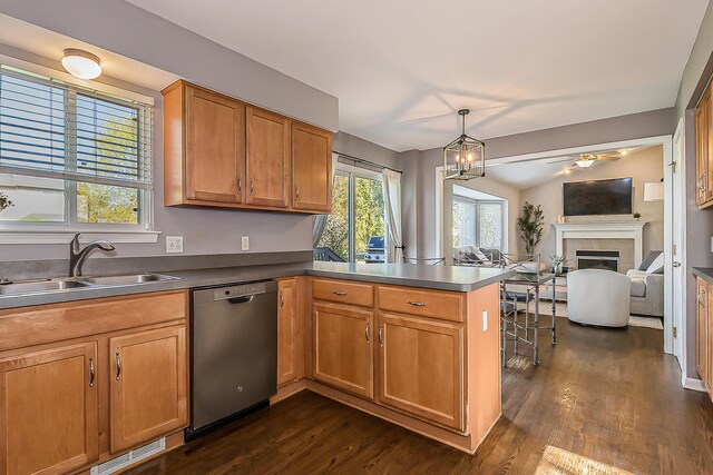 kitchen with stainless steel dishwasher, dark wood finished floors, a sink, a peninsula, and open floor plan