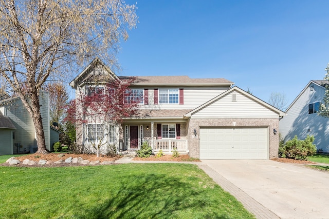 traditional-style home with a porch, brick siding, a front lawn, concrete driveway, and an attached garage