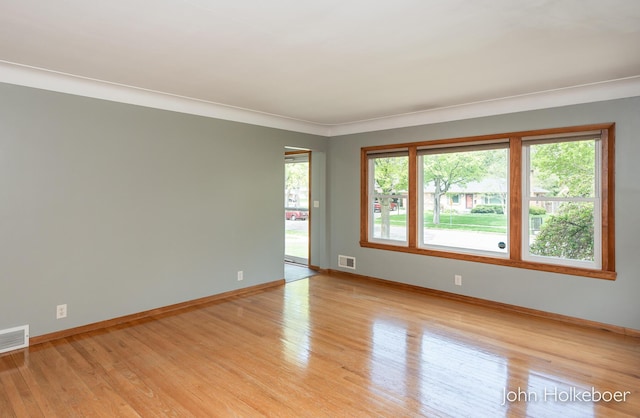 spare room with baseboards, visible vents, a healthy amount of sunlight, and light wood-style flooring
