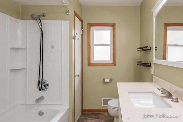 bathroom with visible vents, baseboards, vanity, toilet, and bathing tub / shower combination